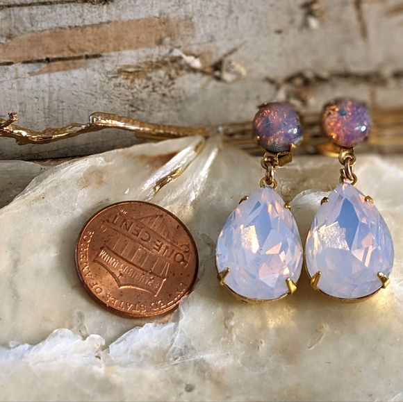 Pink Opal Flower And Fire Opal  Crystal In Drop Down Earrings - Picture 4 of 5